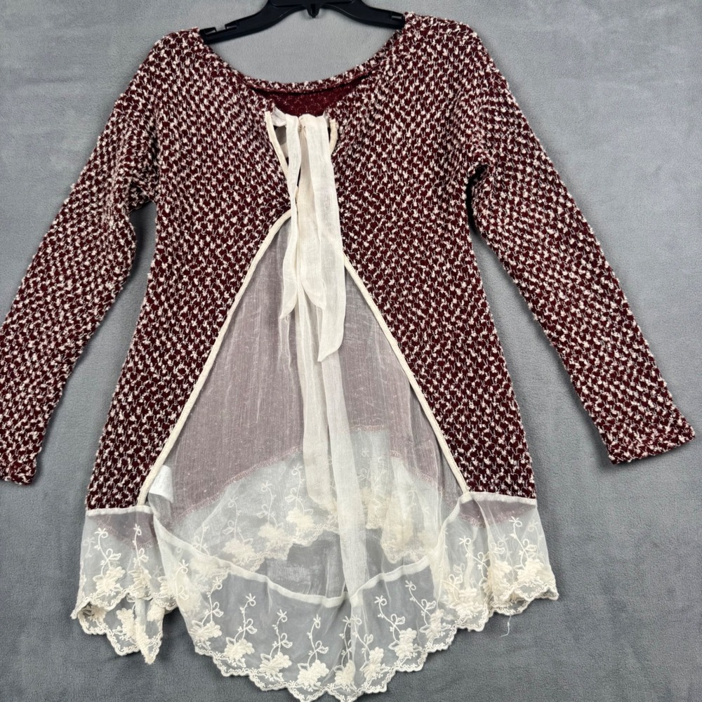 Altar'd State Burgundy Knit Lace Trim Open Back Tunic Sweater Small AT5960-F5P3 - Picture 6 of 8